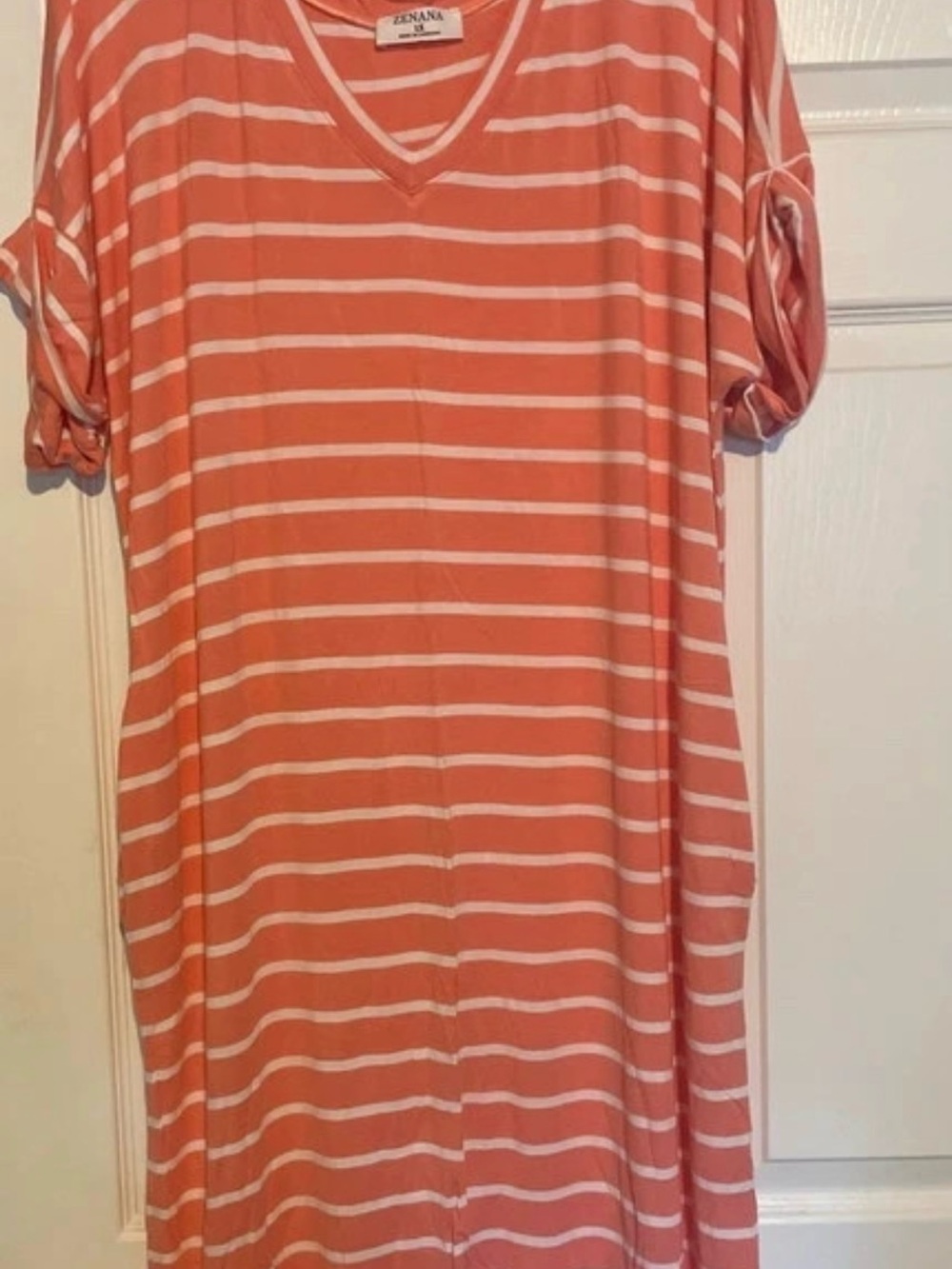 Zenana Outfitters Coral and White Striped Midi Dress